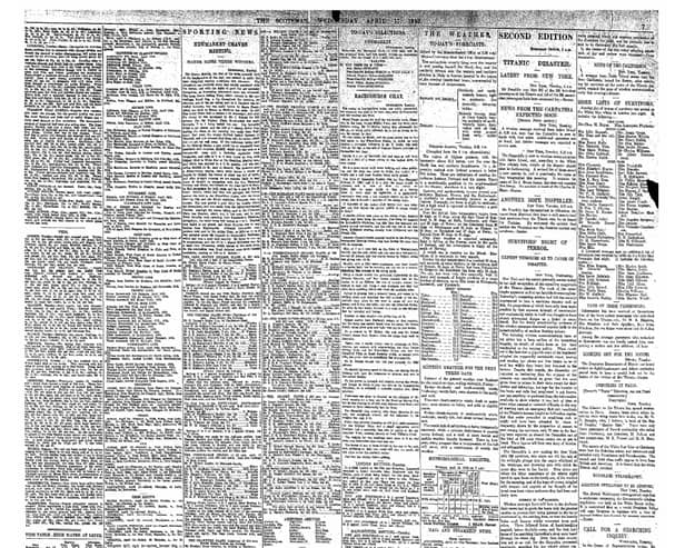 The Scotsman on April 17 1912 which carried the first full reports of the Titanic tragedy in the early hours of April 15. Poor telegram communication left the picture from The Atlantic far from clear. 