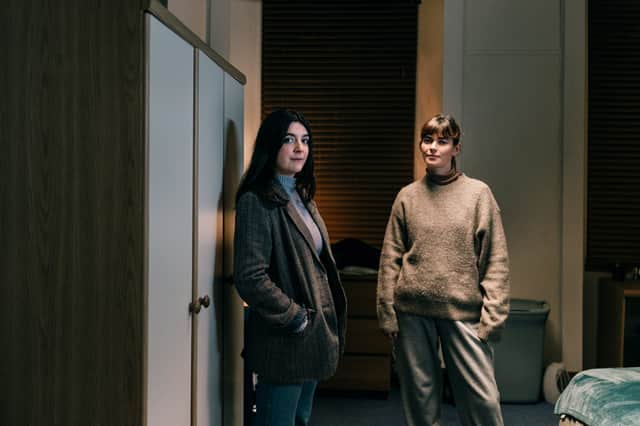 Joanna Santos and director Laura Carreira on the set of the film On Falling, which will get its Scottish premiere at the Glasgow Film Festival.