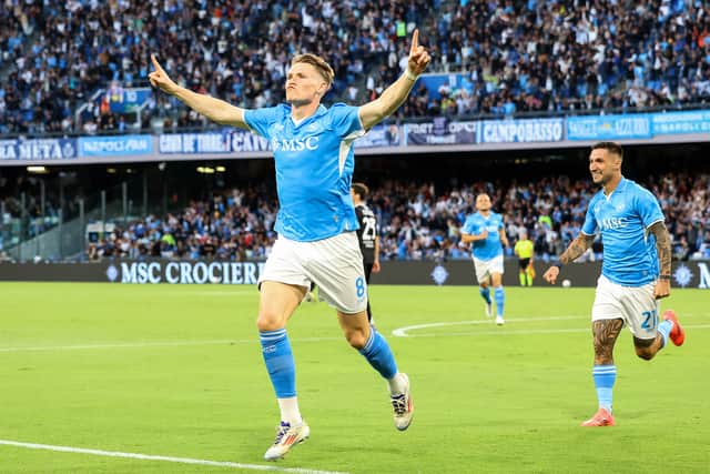 Scott McTominay of Napoli celebrates after scoring a 25-second opener in the 3-1 Serie A win over Como. (Photo by Francesco Pecoraro/Getty Images)
