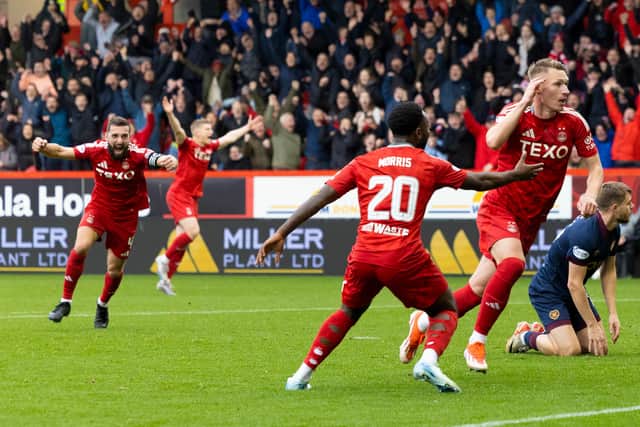 Aberdeen's players wildly celebrate Ante Palaversa's late winner.