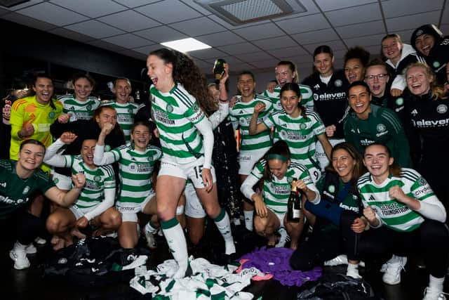 Celtic's Kelly Clark tries to escape champagne after a UEFA Women's Champions League Second Qualifying Round Second Leg match between Celtic and Vorskla Poltava. Cr: SNS Group.