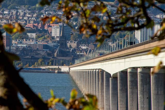 The Tay Road Bridge slopes down towards Dundee