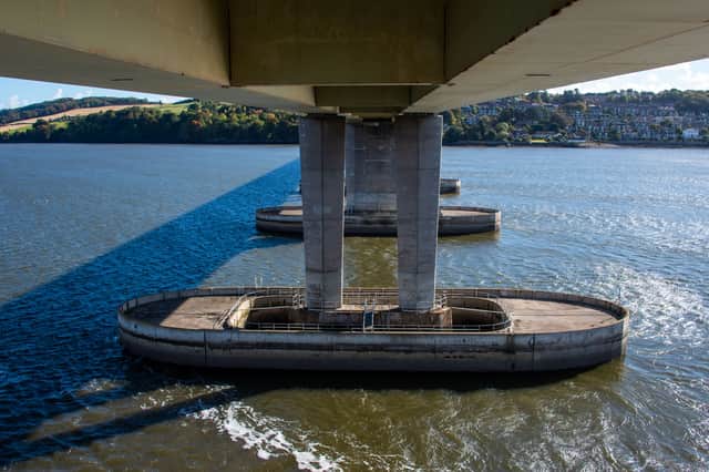 The navigation spans near the Fife side of the Tay Road Bridge used by shipping