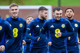 Liam Lindsay (L) and Andy Irving (R) during a Scotland training session at the City Stadium. Cr: SNS Group.