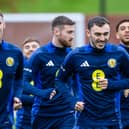 Liam Lindsay (L) and Andy Irving (R) during a Scotland training session at the City Stadium. Cr: SNS Group.