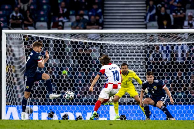 Luka Modric scores to make it 2-1 Croatia during a Euro 2020 match between Croatia and Scotland at Hampden Park. Cr: SNS Group.