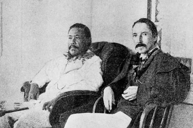 Hawaii's King Kalakaua I, uncle of Princess Ka’iulani, with Scottish writer Robert Louis Stevenson on the veranda of the royal boat house at Honolulu in the late 1800s (Picture: Culture Club)