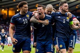 Callum McGregor celebrates his goal against Croatia at Hampden Park during Euro 2020. Cr: SNS Group.