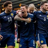 Callum McGregor celebrates his goal against Croatia at Hampden Park during Euro 2020. Cr: SNS Group.