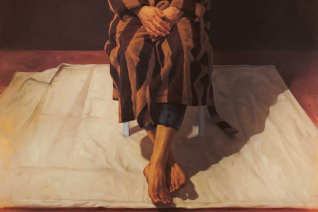 Graeme Wilcox took the First Prize: Sutherland Independent Scottish Portrait Award in Fine Art (£5,000 prize) 
"The work was exceptionally painted – it conveyed a strong sense of identity and personality in  the sitter who is boldly and centrally placed. The judges especially appreciated the skill in the  way the folds in the cloth had been handled, not only in the sitter’s robe but also the folds in the  floor covering," said Gordon Mitchell, Director of Scottish Portrait Awards.