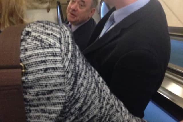 Calum Ross bumping into Alex Salmond on an escalator at Westminster in 2015