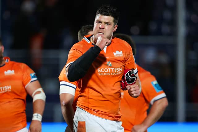 Edinburgh captain Grant Gilchrist celebrates after the win over the DHL Stormers at Hive Stadium.