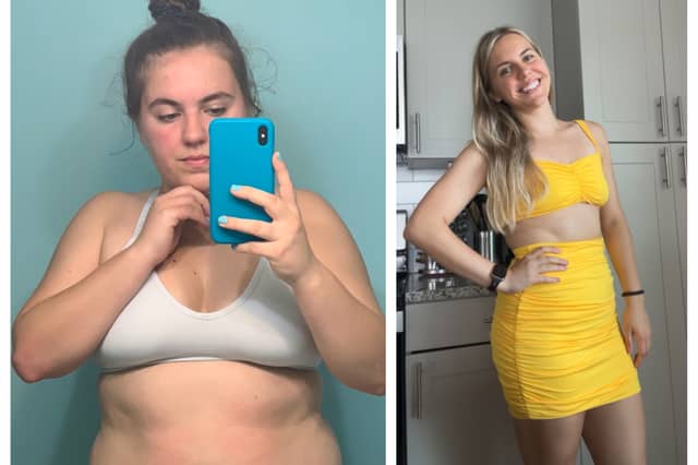 Brianna Alexander before, left, she used Simple weightloss app and after, right in yellow dress