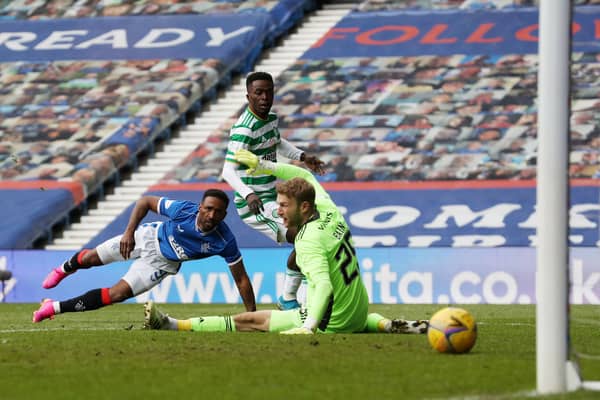 Jermain Defoe scores for Rangers against Celtic at Ibrox in 2021. Cr: Getty Images.