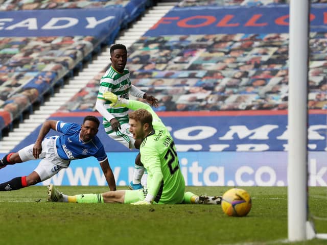 Jermain Defoe scores for Rangers against Celtic at Ibrox in 2021. Cr: Getty Images.