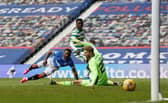 Jermain Defoe scores for Rangers against Celtic at Ibrox in 2021. Cr: Getty Images.
