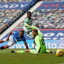 Jermain Defoe scores for Rangers against Celtic at Ibrox in 2021. Cr: Getty Images.