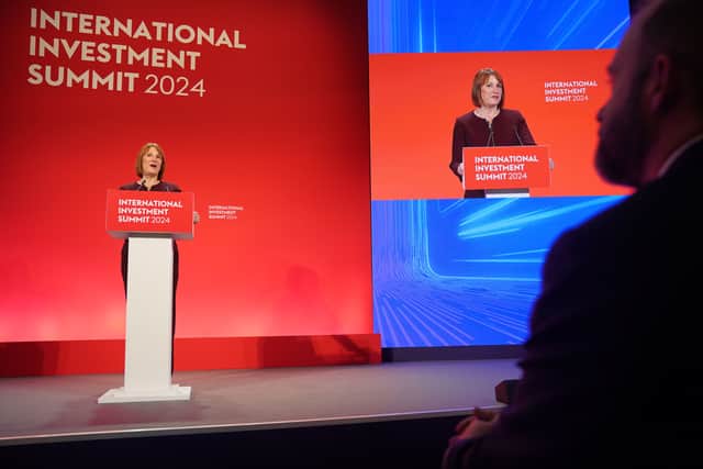 Chancellor of the Exchequer Rachel Reeves makes her keynote speech during the International Investment Summit in London, which brings together up to 300 industry leaders to boost investment in the UK. Picture date: Monday October 14, 2024. Jonathan Brady/PA Wire