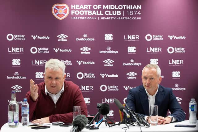 Hearts chief executive officer Andrew McKinlay and new head coach Neil Critchley address the media at Tynecastle Park. (Photo by Ewan Bootman / SNS Group)