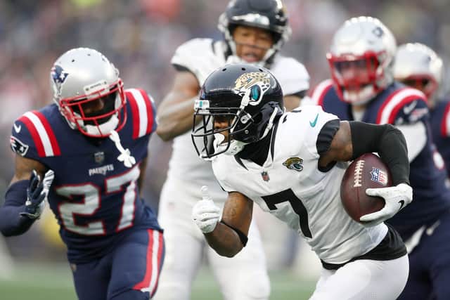 Tavon Austin #7 of the Jacksonville Jaguars runs with the ball in the third quarter of the game against the New England Patriots at Gillette Stadium on January 02, 2022 in Foxborough, Massachusetts.