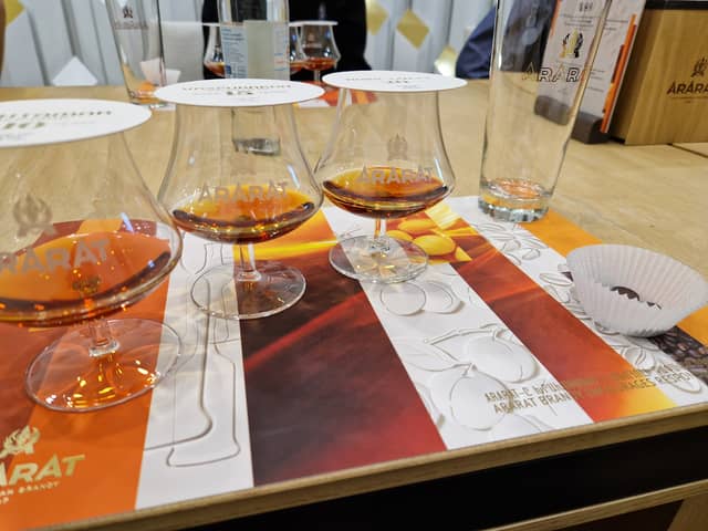 Three brandy glasses during Ararat factory tour