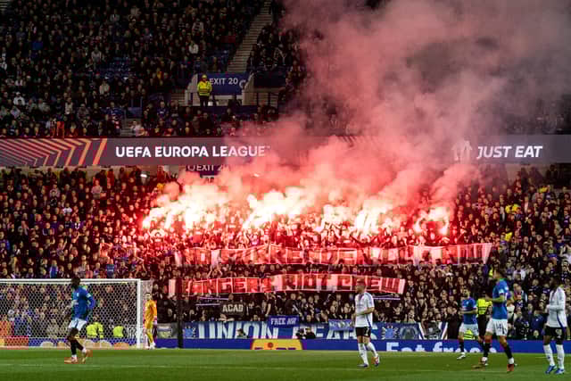 Rangers fans set off pyro during the Europa League defeat to Lyon at Ibrox on October 3. (Photo by Craig Williamson / SNS Group)