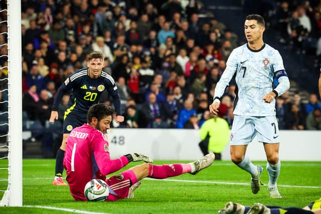 Cristiano Ronaldo could not find his way past 41-year-old Craig Gordon in the Scotland goal. Cr: SNS Group.