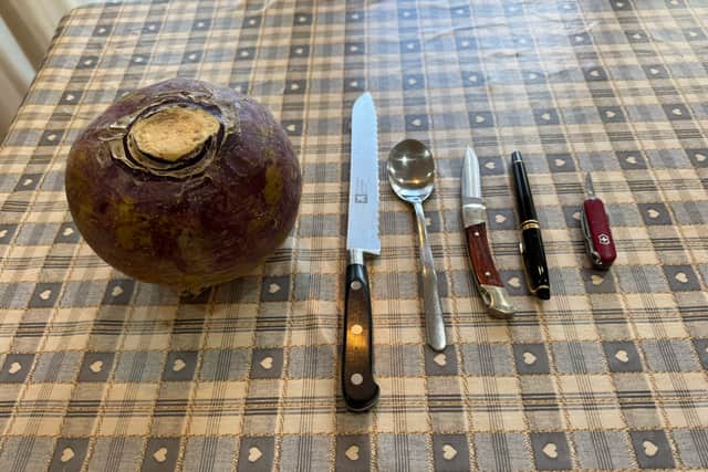Everything you need to make a traditional turnip lantern.