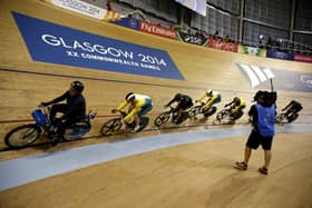 Riders compete in the men's keirin final track cycling event in the Sir Chris Hoy Velodrome during the 2014 Commonwealth Games in Glasgow