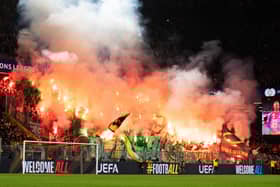 Celtic fans let off pyro during the Champions League match against Borussia Dortmund at the Signal Iduna Park. (Photo by Craig Williamson / SNS Group)