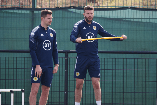 Kenny McLean and Grant Hanley in training at the Oriam. Cr: SNS Group.