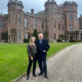 Susan and SImon Flame outside Fasque Castle