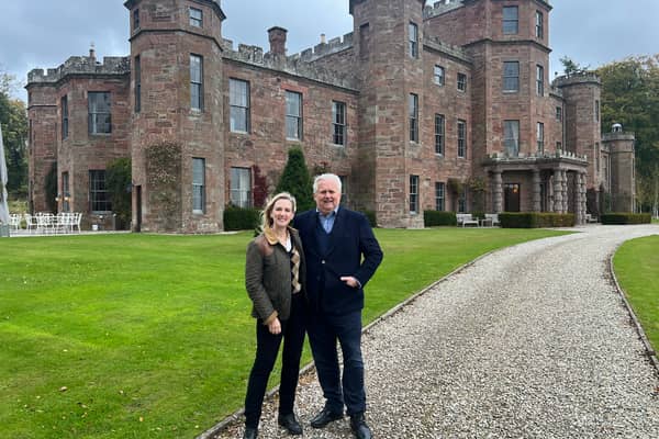 Susan and SImon Flame outside Fasque Castle