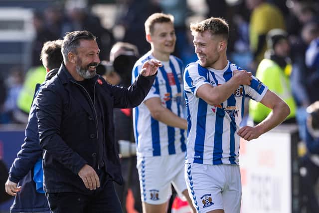 Kilmarnock manager Derek McInnes and David Watson at full time after the 1-0 win over Rangers. (Photo by Craig Williamson / SNS Group)
