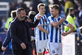 Kilmarnock manager Derek McInnes and David Watson at full time after the 1-0 win over Rangers. (Photo by Craig Williamson / SNS Group)