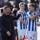 Kilmarnock manager Derek McInnes and David Watson at full time after the 1-0 win over Rangers. (Photo by Craig Williamson / SNS Group)