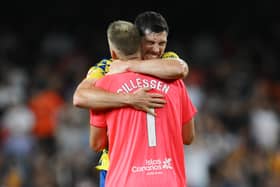 Scotland defender Scott McKenna celebrates with Las Palmas goalkeeper Jasper Cillessen during the 3-2 win at Valencia. (Photo by David Ramos/Getty Images)