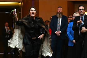 Australian Senator Lidia Thorpe disrupts proceedings as Britain's King Charles III and Queen Camilla attend a Parliamentary reception at Parliament House in Canberra.