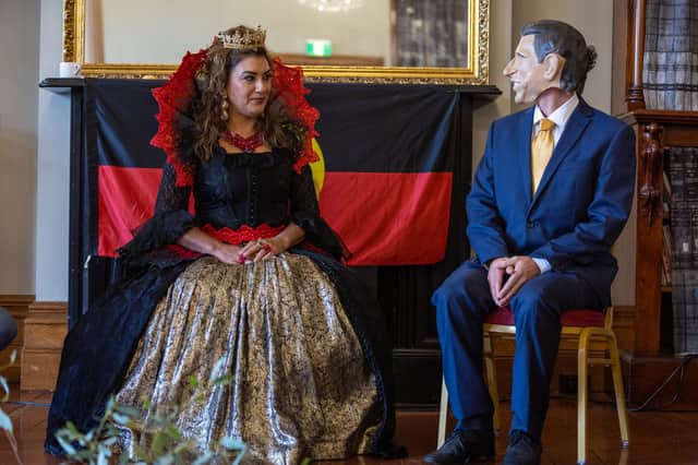 Senator Lidia Thorpe and a man dressed as Prince Charles during a discussion at an event opposing the coronation of King Charles organised by the Black Peoples Union (BPU).