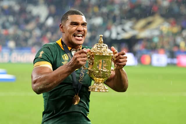 Damian Willemse raises the Webb Ellis Cup after South Africa's win over New Zealand in the 2023 Rugby World Cup final.