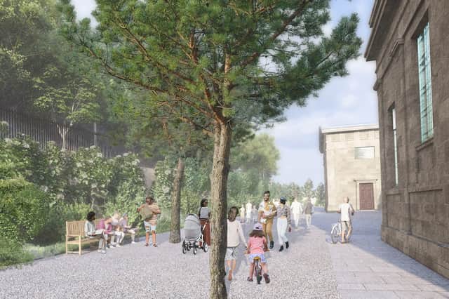 Two new gardens earmarked for either side of Edinburgh's former Royal High School will be linked by a path to the north of the proposed National Centre for Music. 