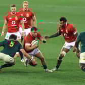 Rory Sutherland of the British & Irish Lions is tackled by Franco Mostert during the first Test against South Africa in Cape Town in 2021.