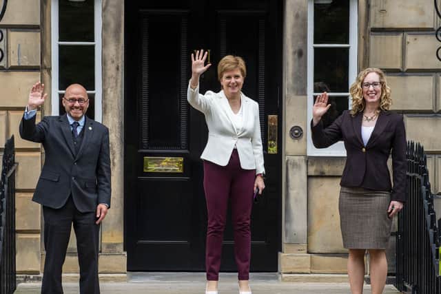Scottish Green co-leaders Patrick Harvie and Lorna Slater with former first minister Nicola Sturgeon after reaching the Bute House Agreement in 2021