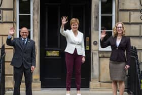 Scottish Green co-leaders Patrick Harvie and Lorna Slater with former first minister Nicola Sturgeon after signing the Bute House Agreement in 2021.