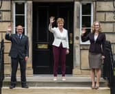 Scottish Green co-leaders Patrick Harvie and Lorna Slater with former first minister Nicola Sturgeon after reaching the Bute House Agreement in 2021