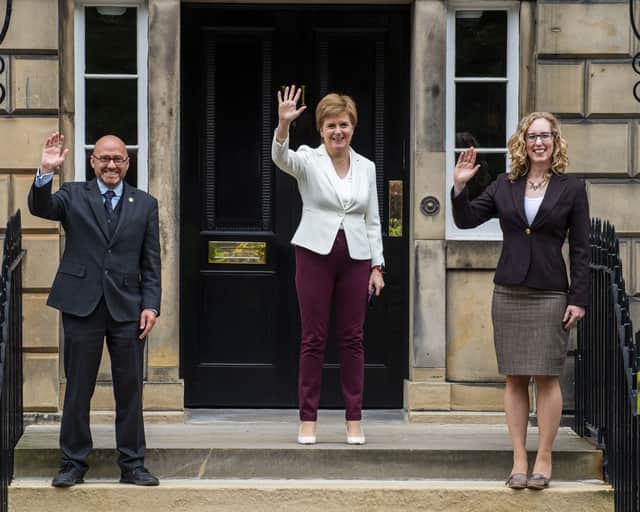Scottish Green co-leaders Patrick Harvie and Lorna Slater with former first minister Nicola Sturgeon after reaching the Bute House Agreement in 2021