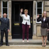 Scottish Green co-leaders Patrick Harvie and Lorna Slater with former first minister Nicola Sturgeon after signing the Bute House Agreement in 2021.