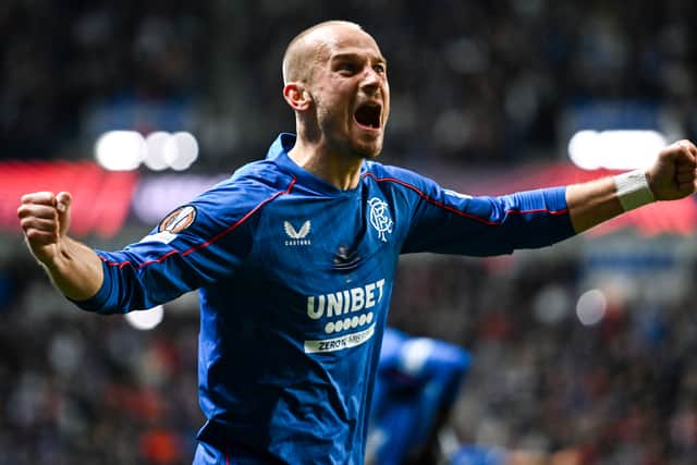 Rangers' Vaclav Cerny celebrates scoring to make it 3-0 over FCSB at Ibrox. (Photo by Rob Casey / SNS Group)