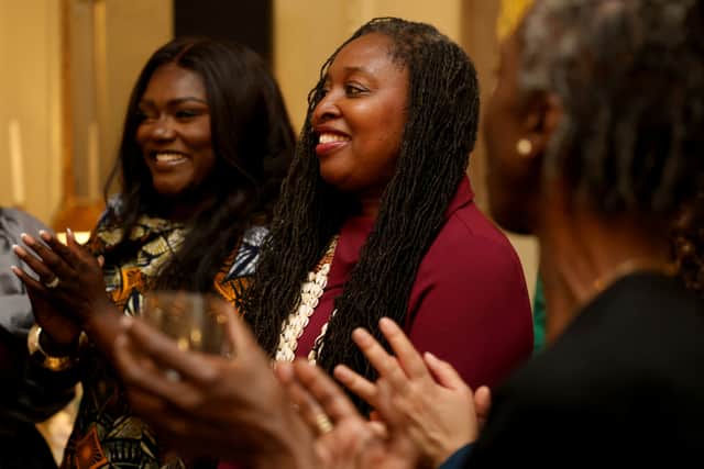 Dawn Butler MP reacts as Prime Minister Sir Keir Starmer speaks during a reception to celebrate Black History Month, at no 10 Downing Street