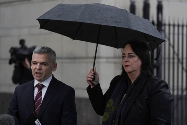 Detective Chief Superintendent Eamonn Corrigan, Police Service of Northern Ireland and Catherine Kierans, NI Public Prosecution Service, speak to the media outside Belfast Crown Court. Picture: Brian Lawless/PA Wire